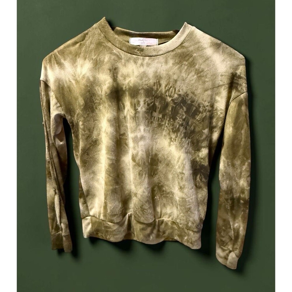 NWT Moa Moa Girls M Olive Green Tie-Dye Button Sleeve Sweatshirt Top